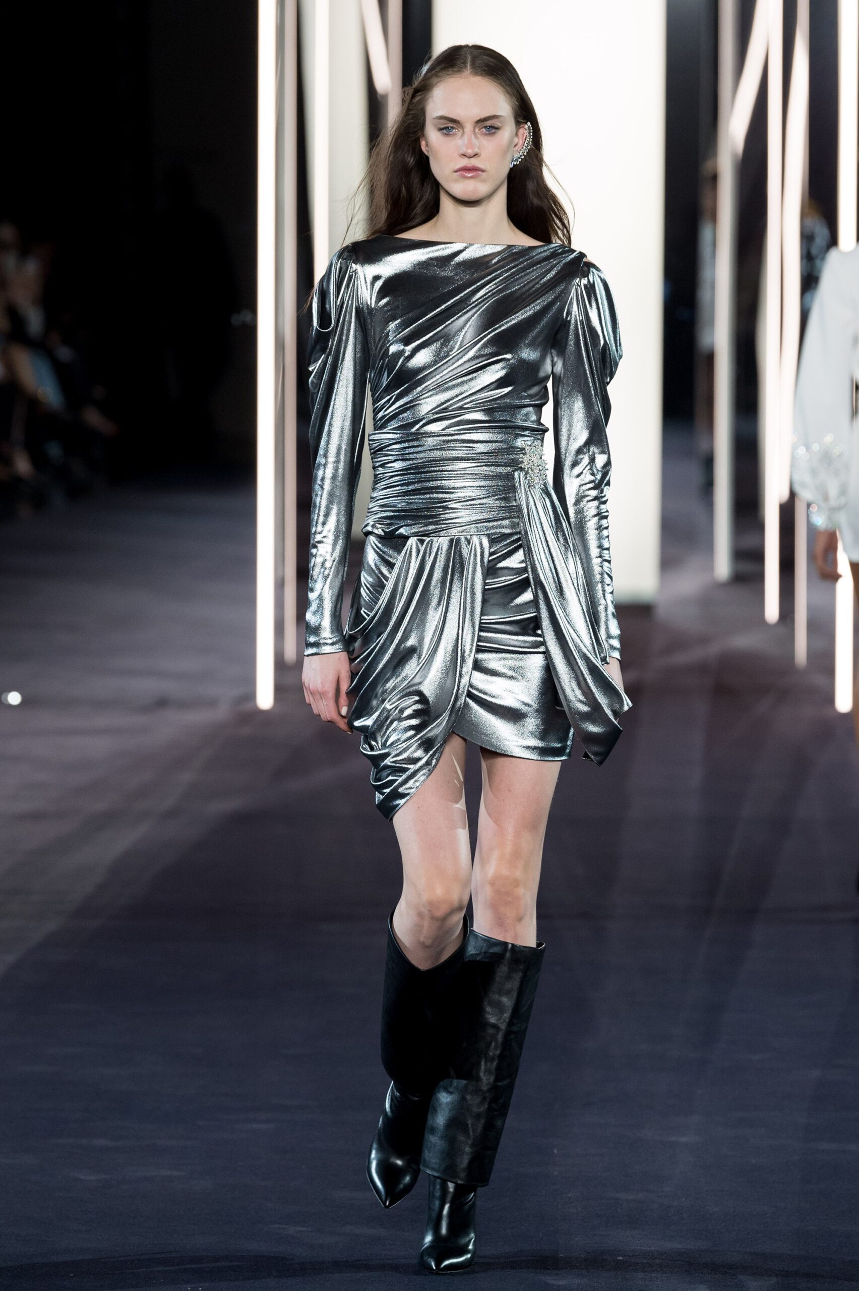 gray metallic long-sleeve high-neck fitted draped shiny dress