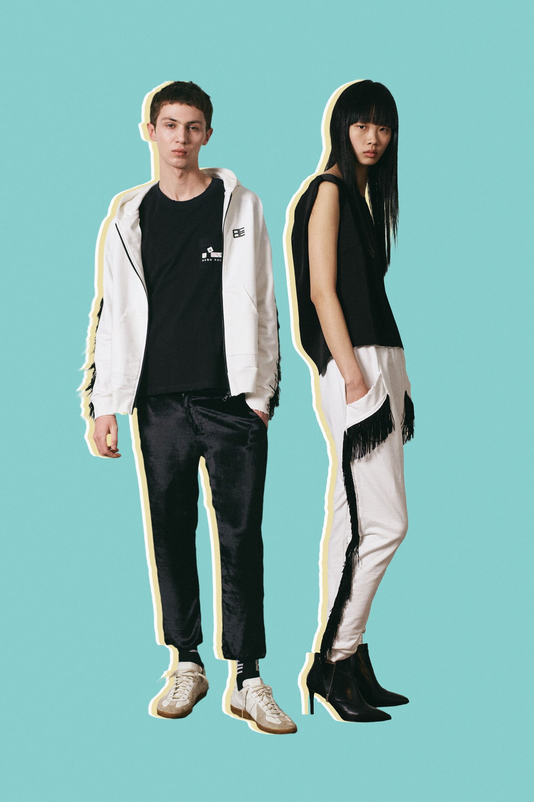 white hoodie and black t-shirt