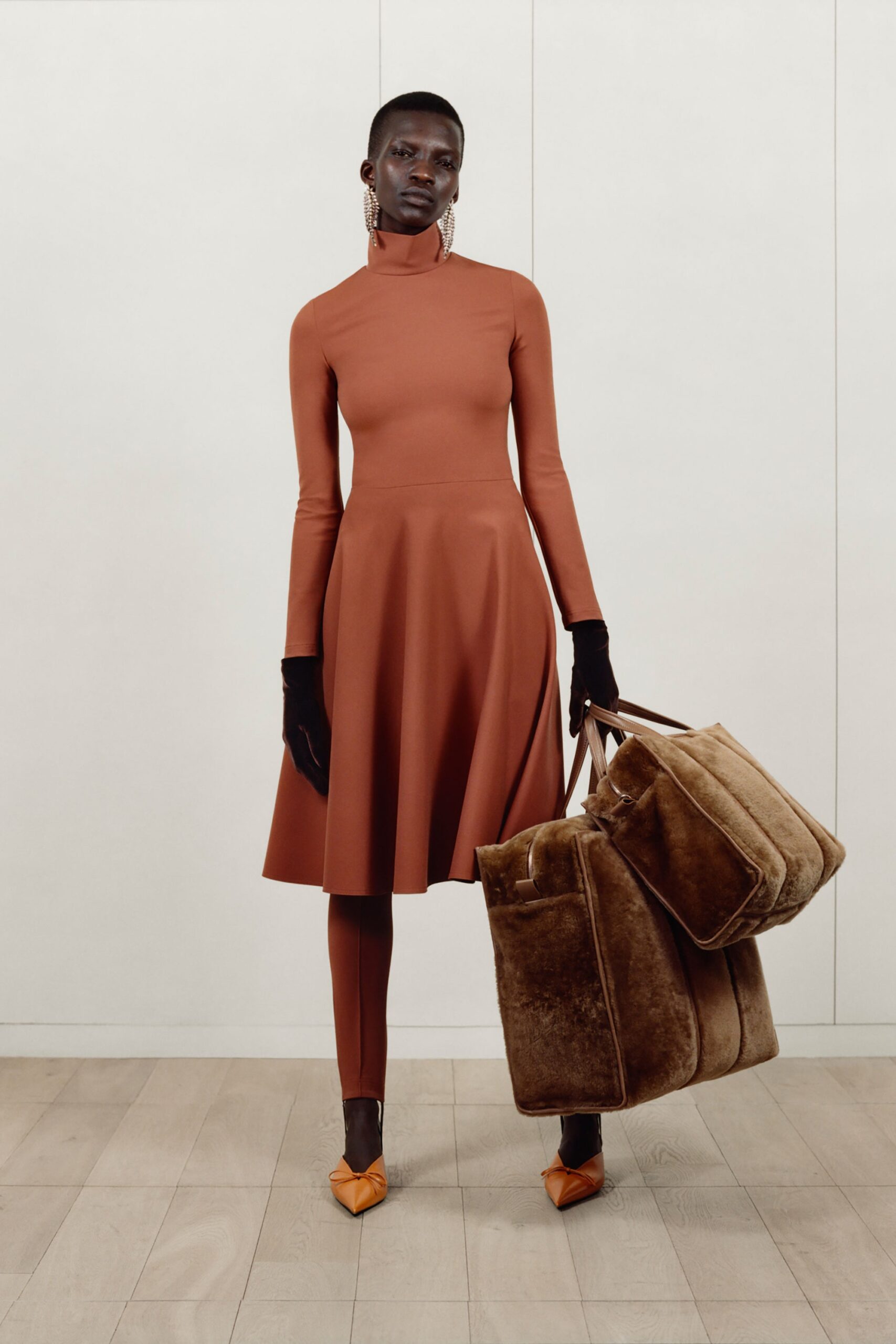 brown neoprene fitted straight-leg pants