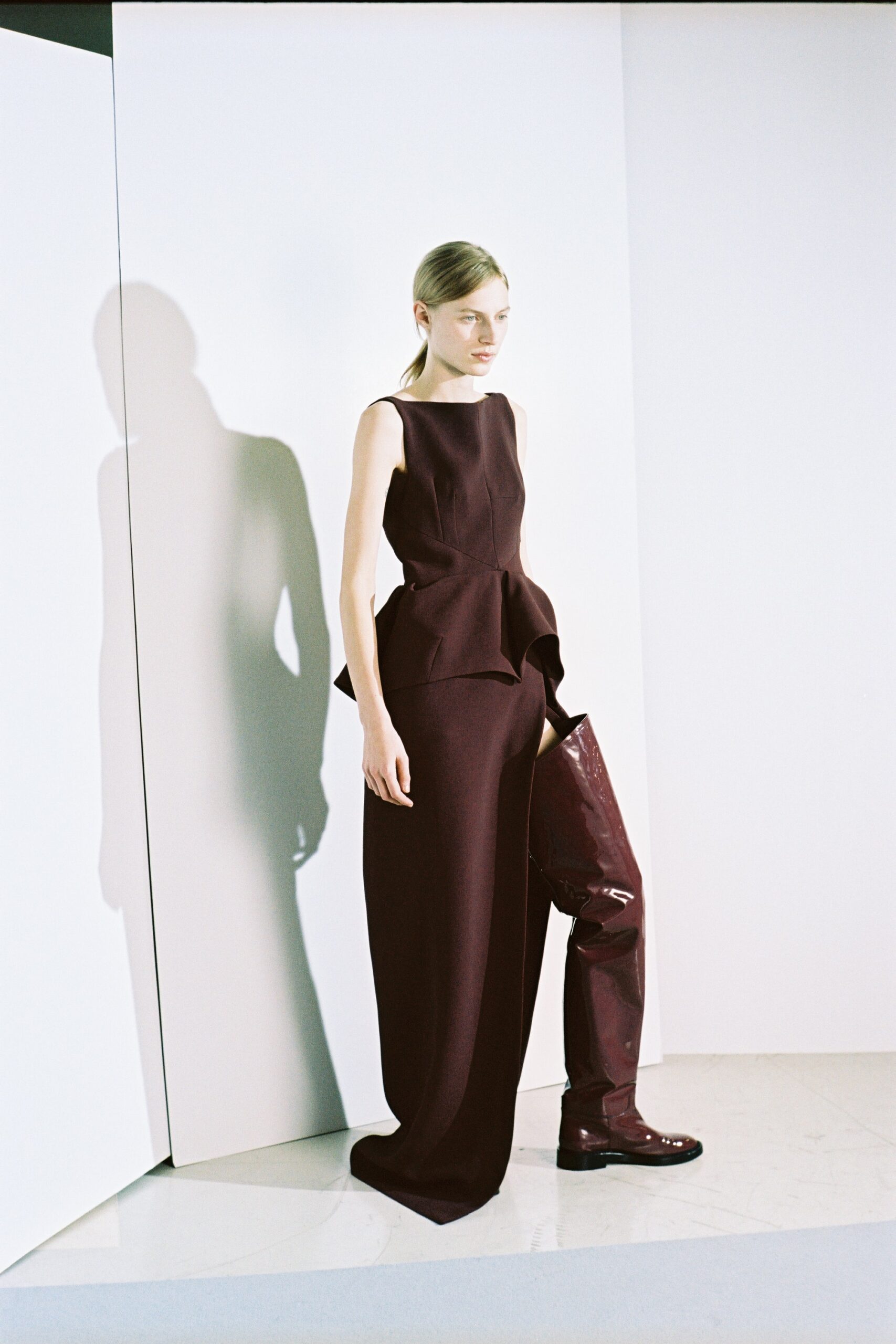 maroon silk sleeveless high-neck fitted flared maxi dress