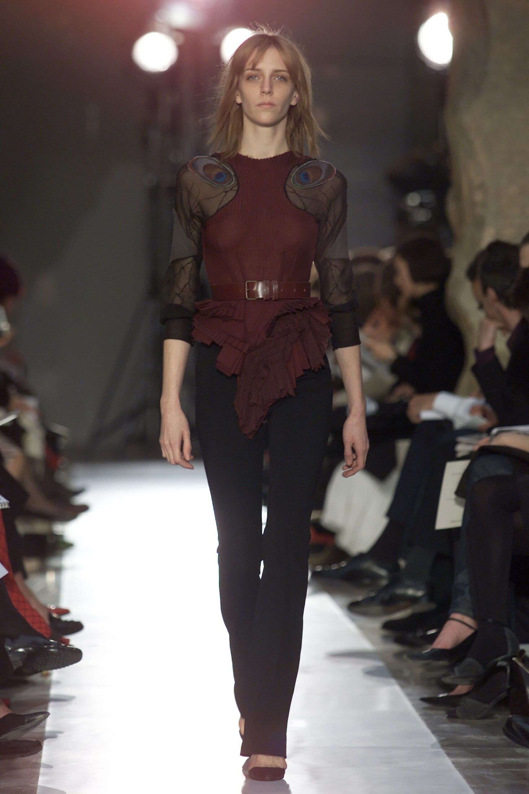 red silk long-sleeve high-neck fitted ruffled top