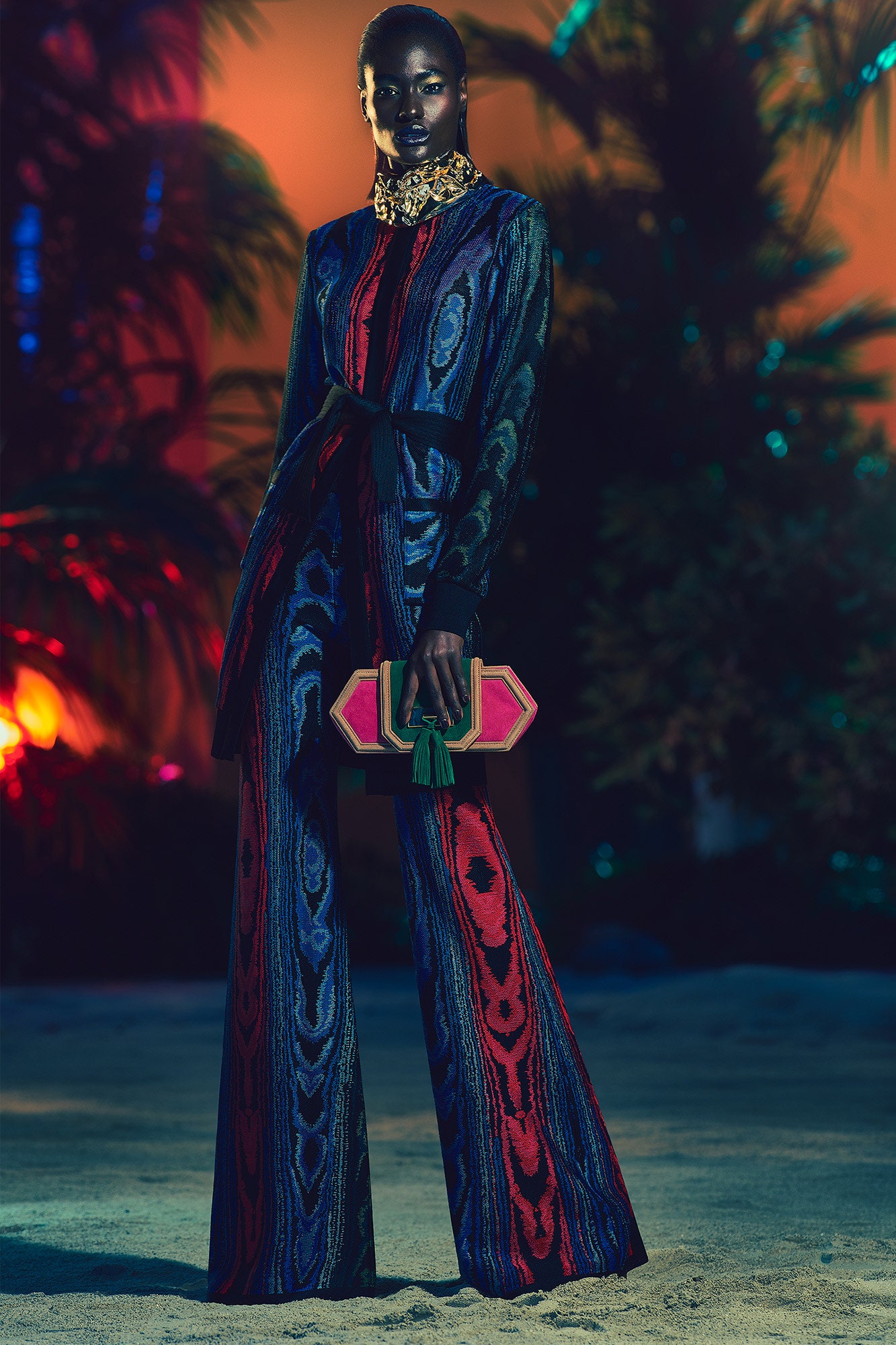 blue and red silk jumpsuit