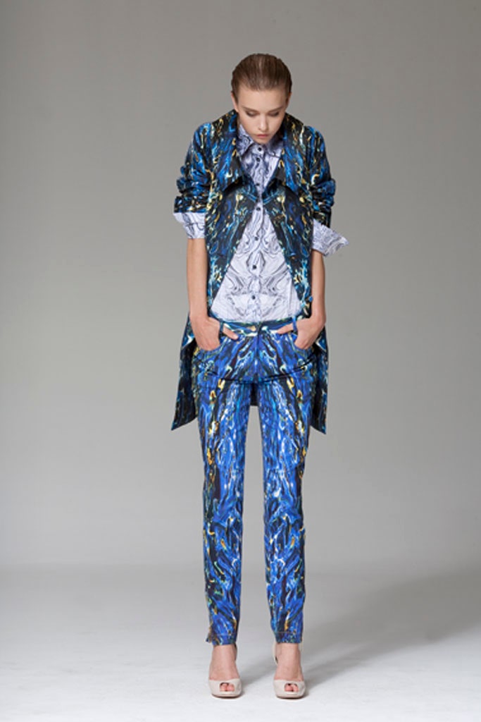 blue printed coat with shirt and pants