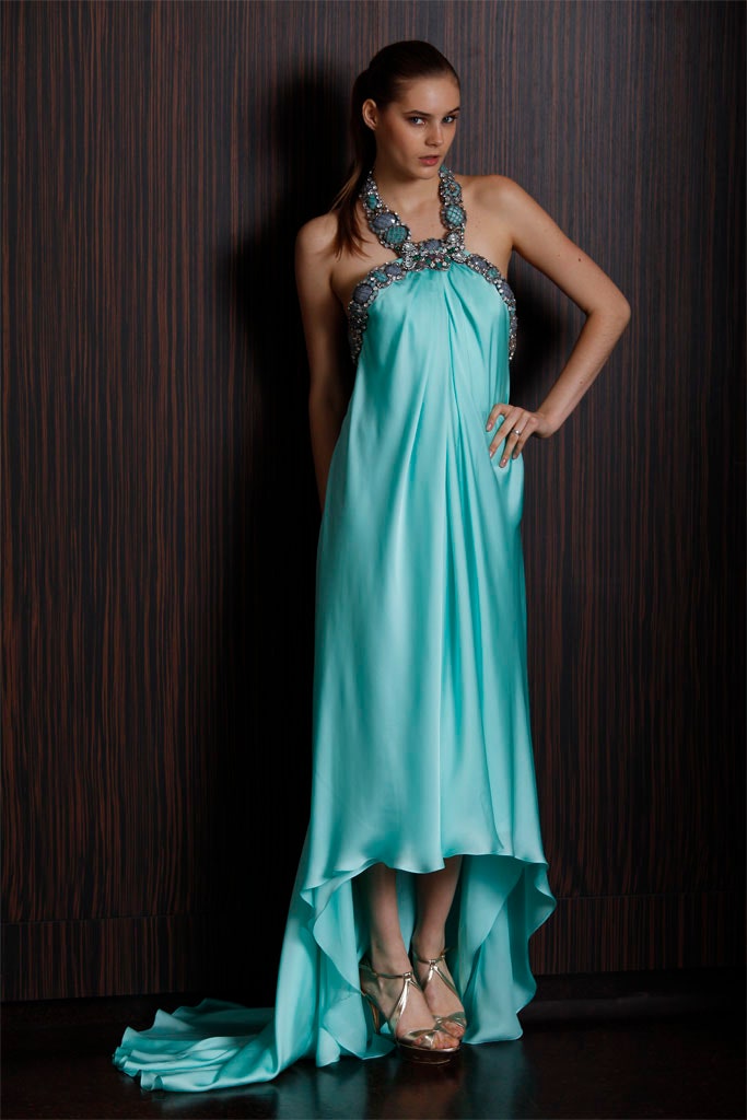 teal silk halter gown