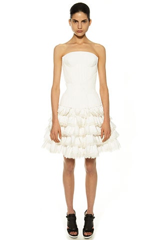 white silk strapless fitted ruffled tiered mini dress