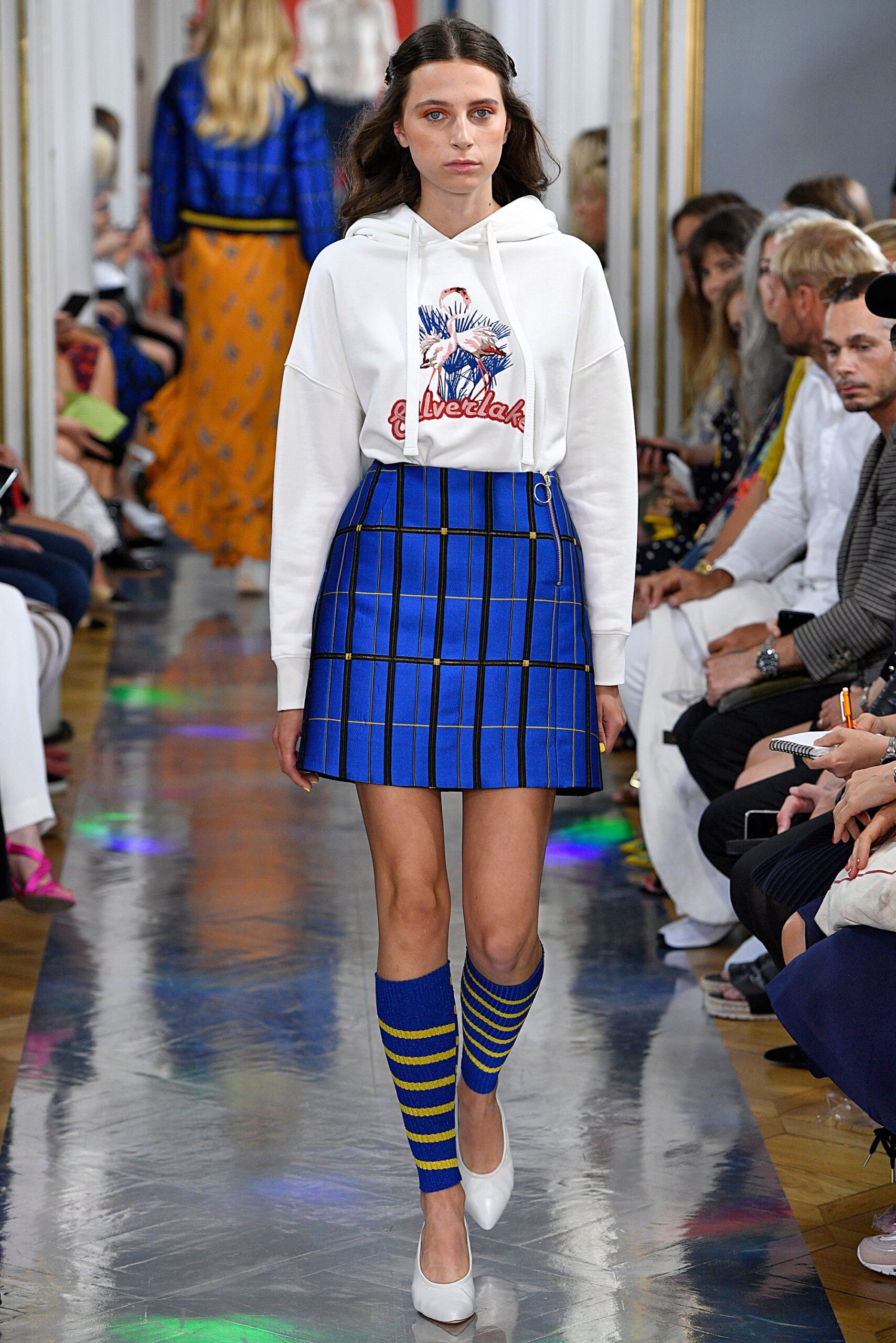 white hoodie blue checked skirt