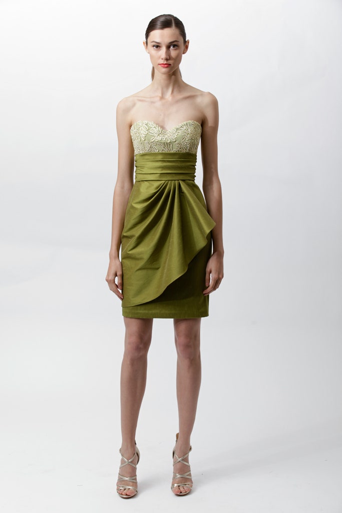 green silk strapless dress