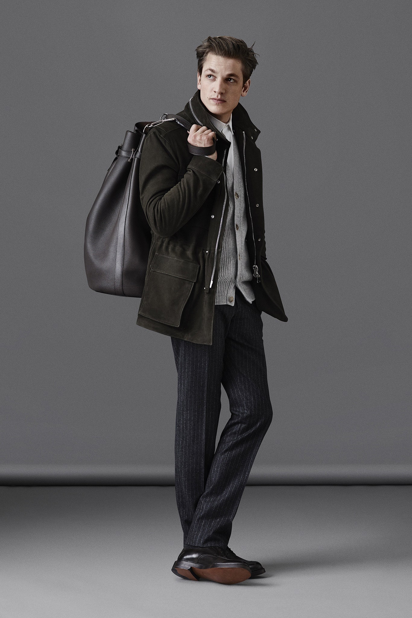 black suede long-sleeve collared fitted zippered pockets jacket