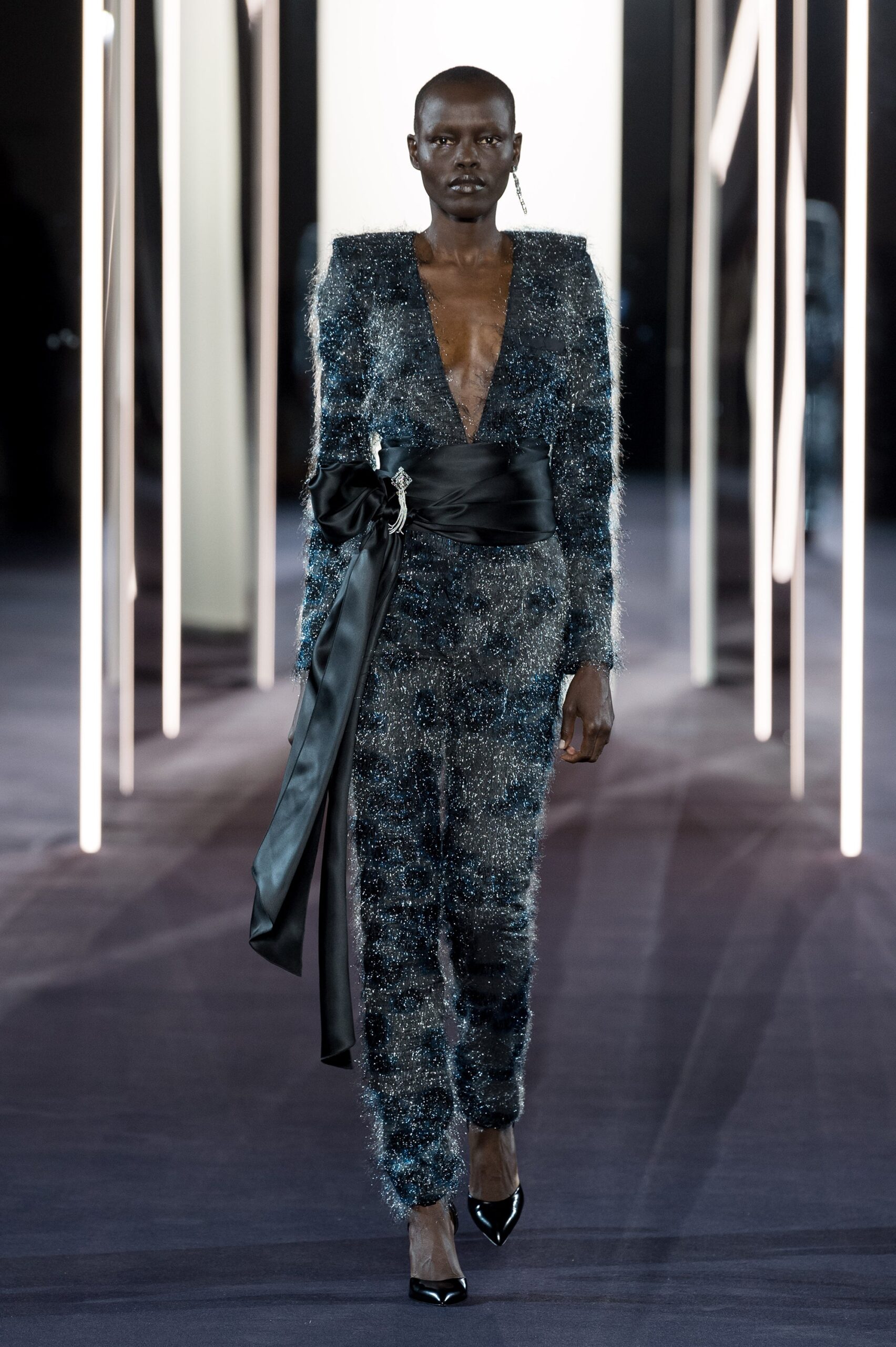 blue silk fitted jumpsuit