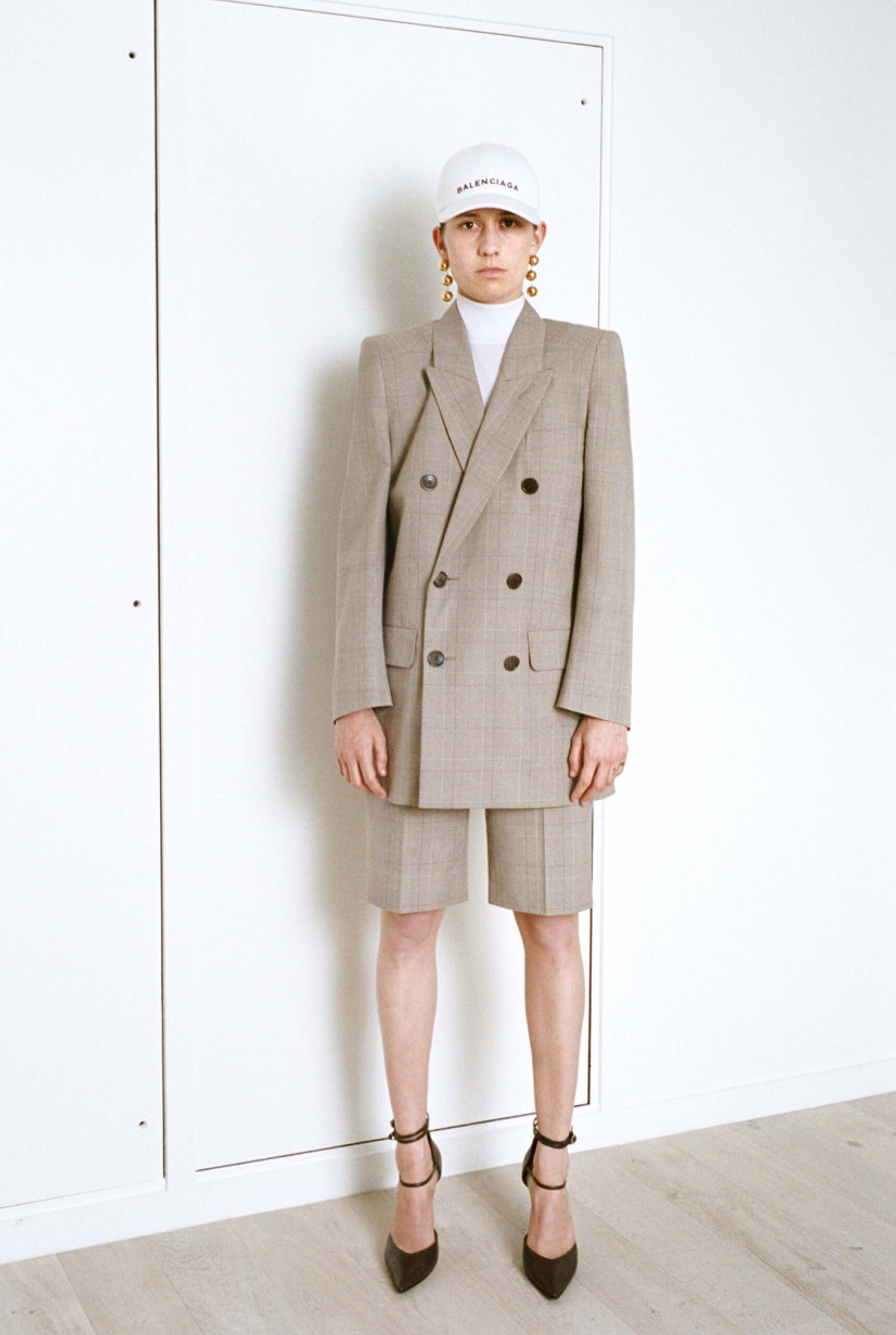 beige tailored blazer and shorts