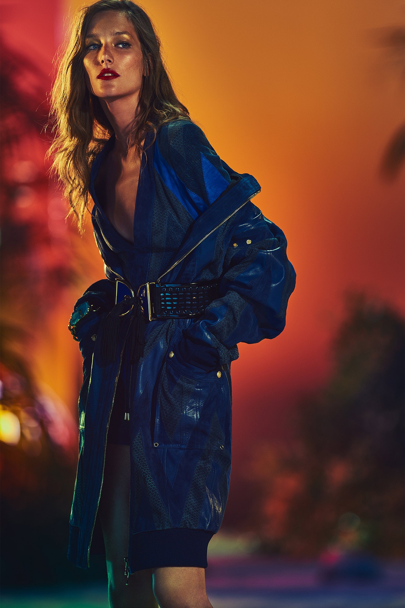 blue leather long-sleeve v-neck relaxed belted coat