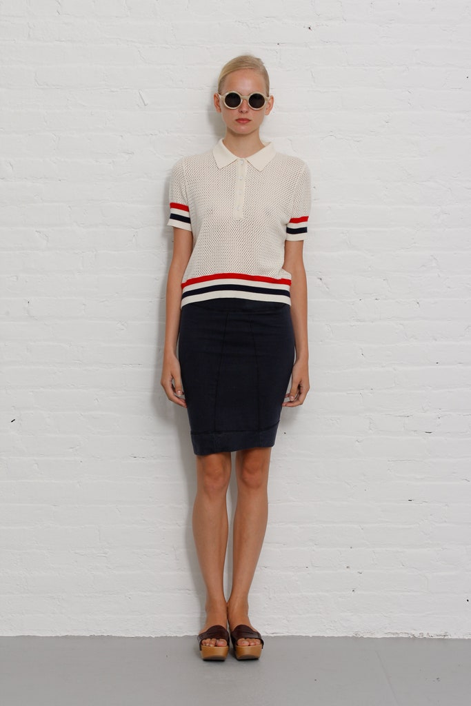 fitted white collared top with black pencil skirt