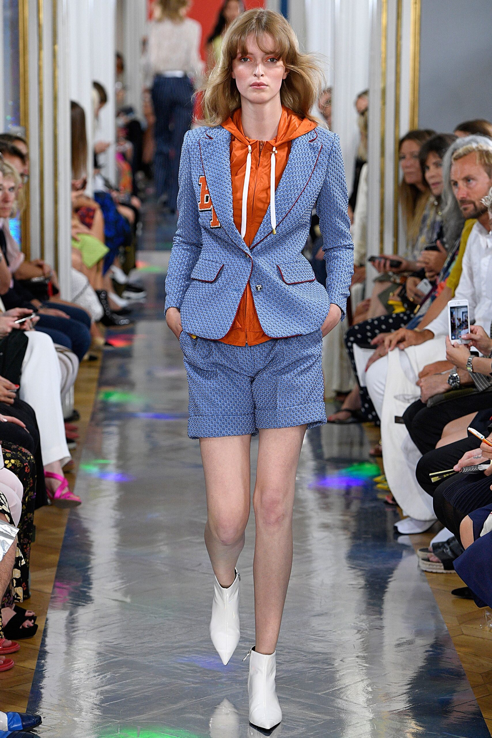 blue blazer orange hoodie shorts