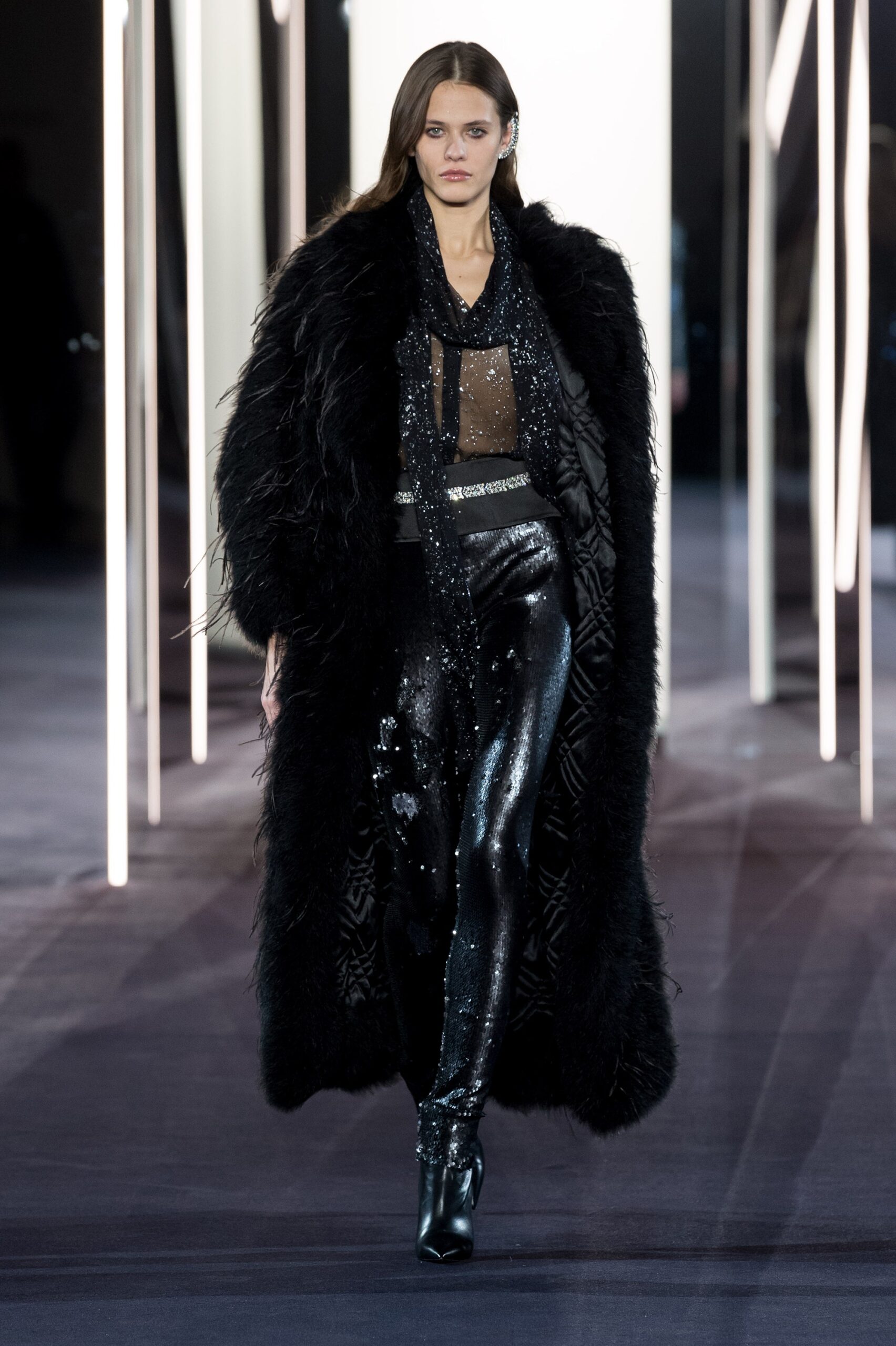 black oversized fur coat with fitted top