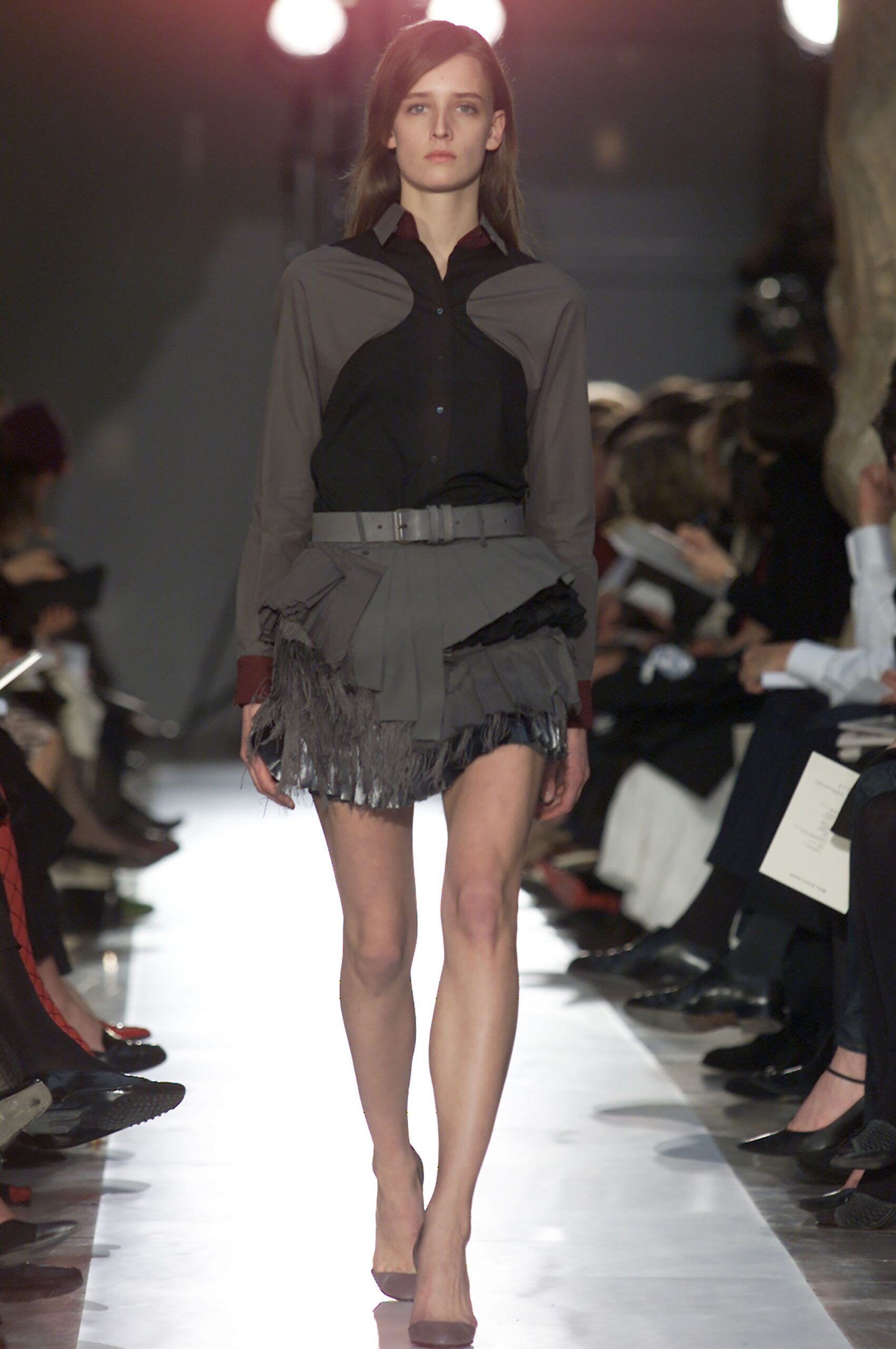 fitted black and gray shirt with mini skirt