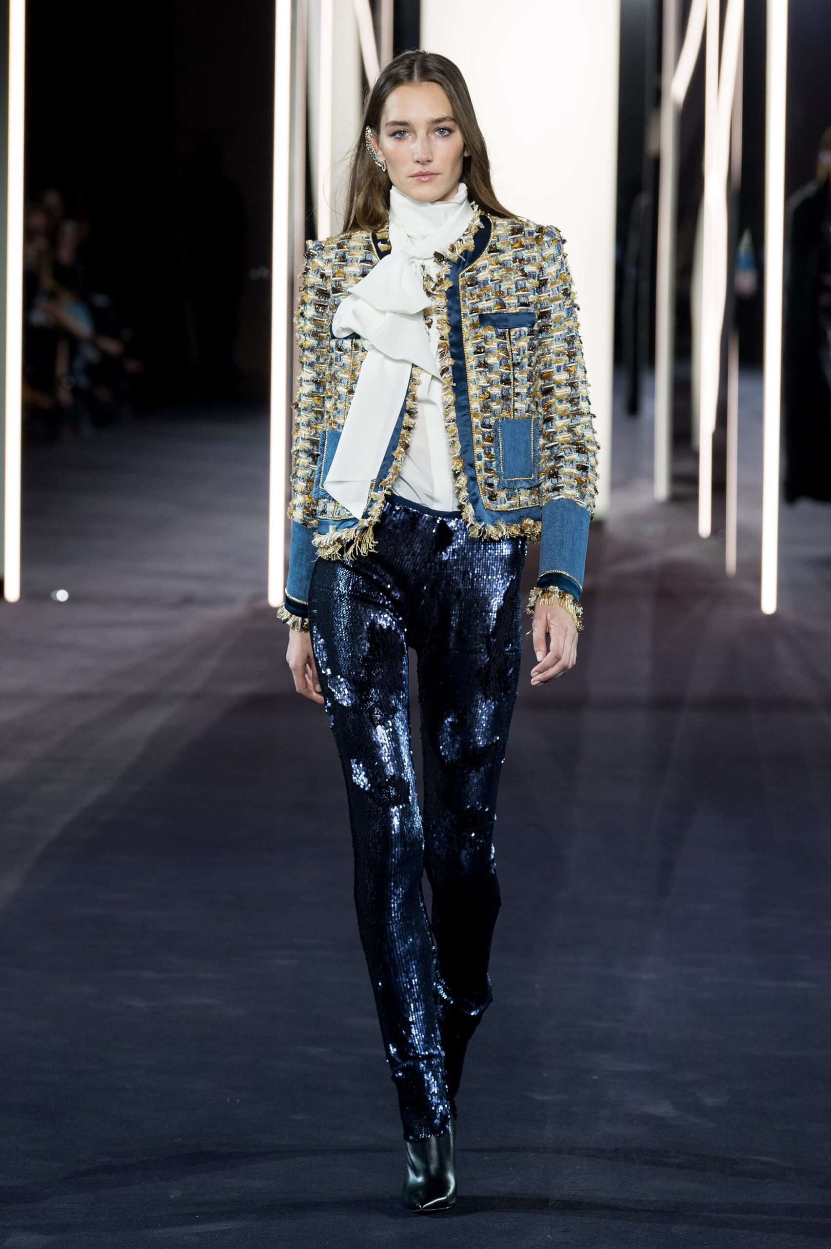 blue denim long-sleeve collared tailored buttoned embroidered jacket