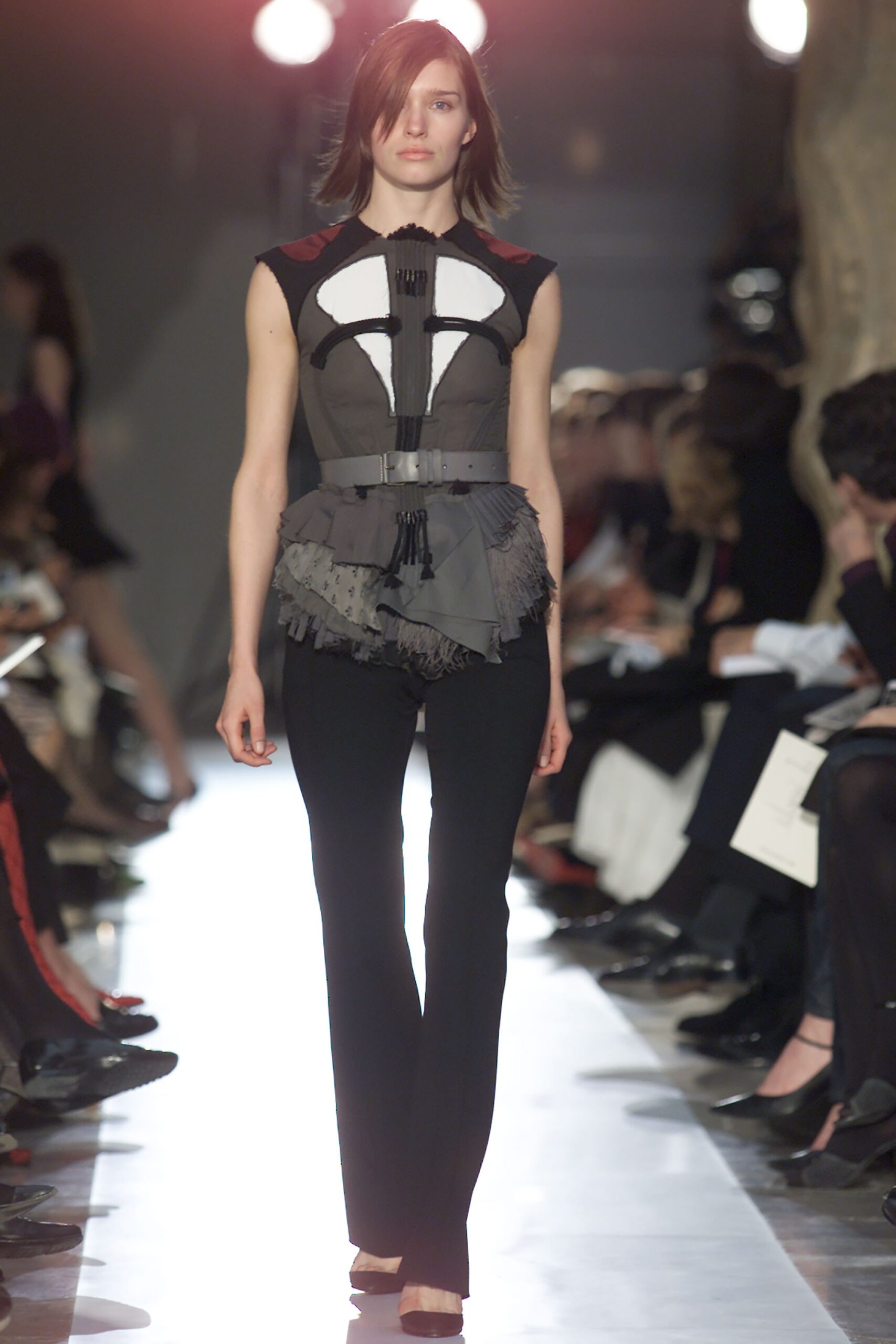 fitted black and gray top with ruffles