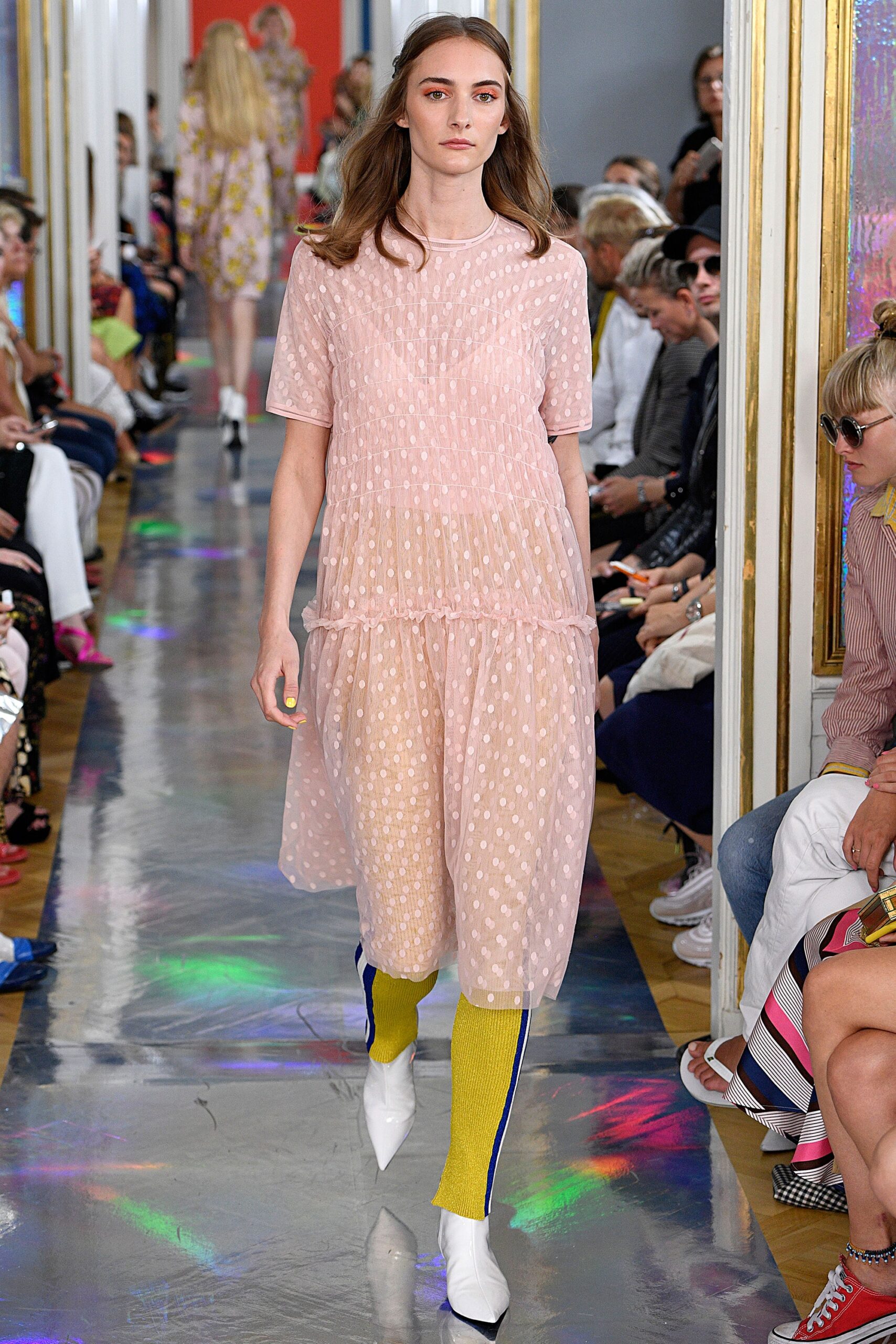 pink sheer midi dress with white shoes