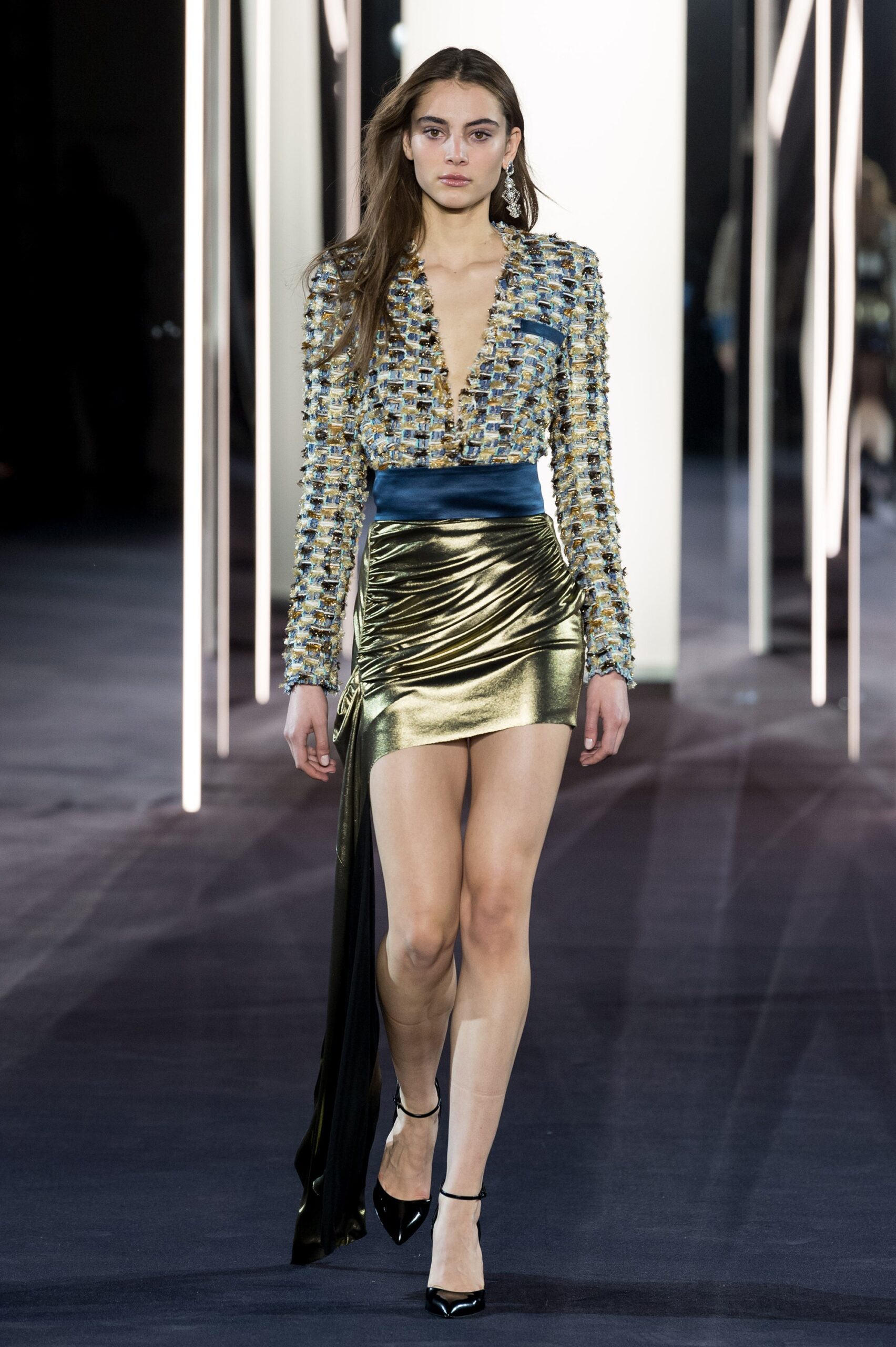 blue embroidered top with gold skirt