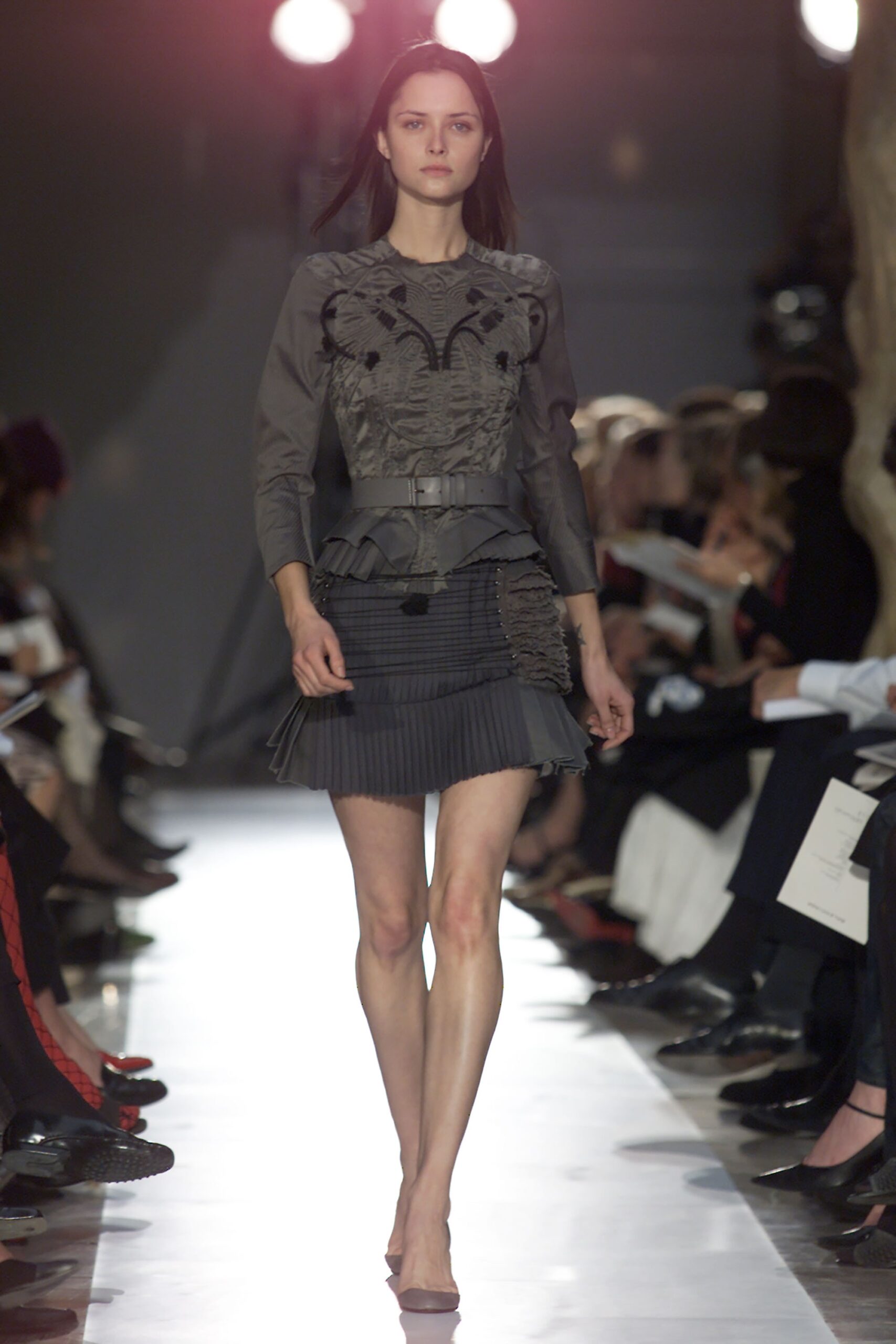 gray cotton fitted pleated tiered mini skirt