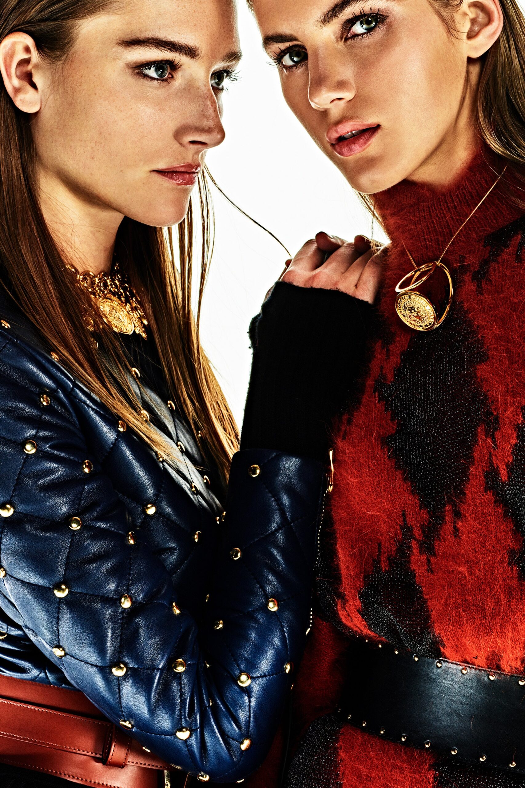 blue leather jacket red sweater