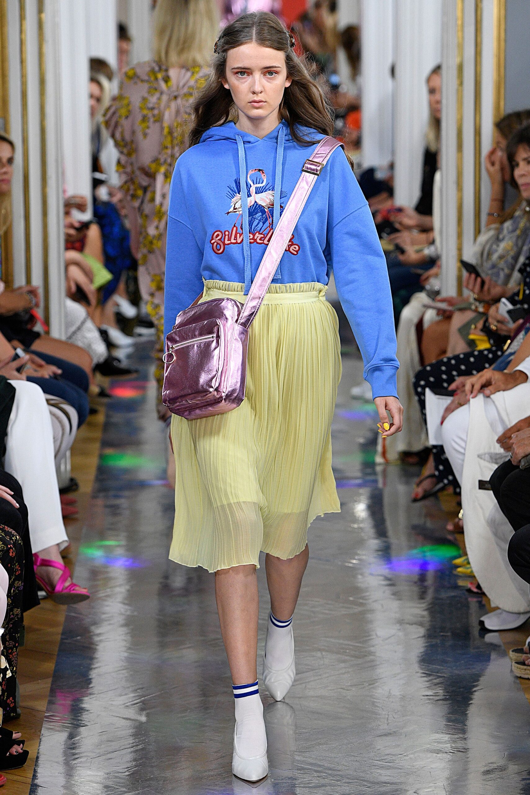 blue hoodie with yellow pleated skirt