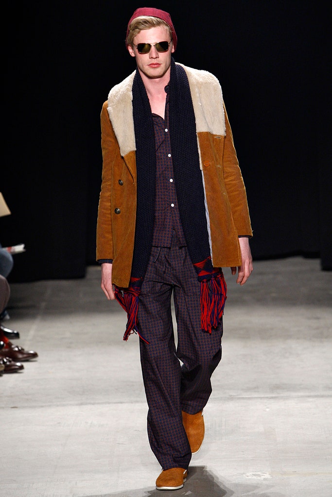 brown suede jacket with blue shirt