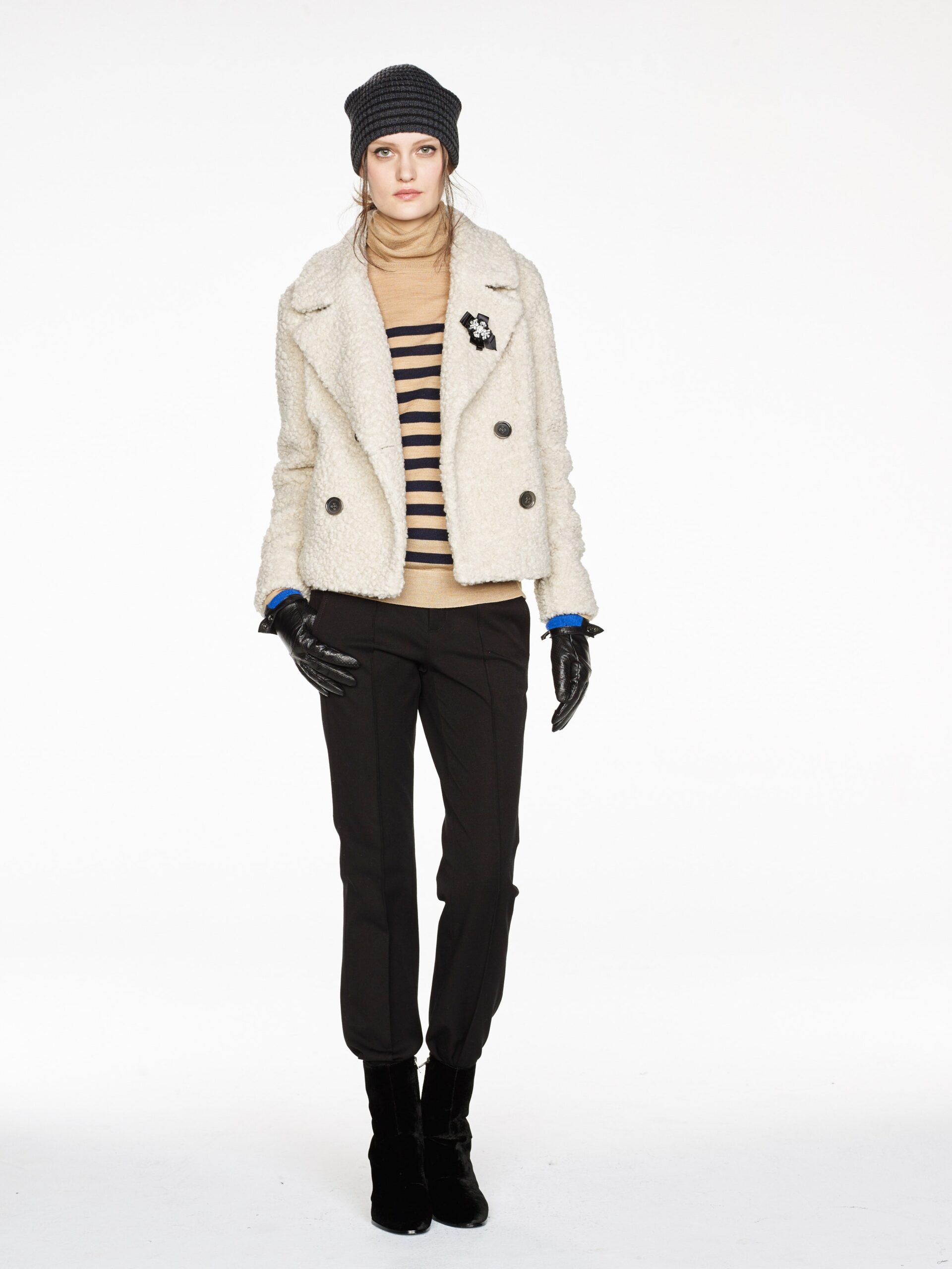 white faux-fur jacket with striped top