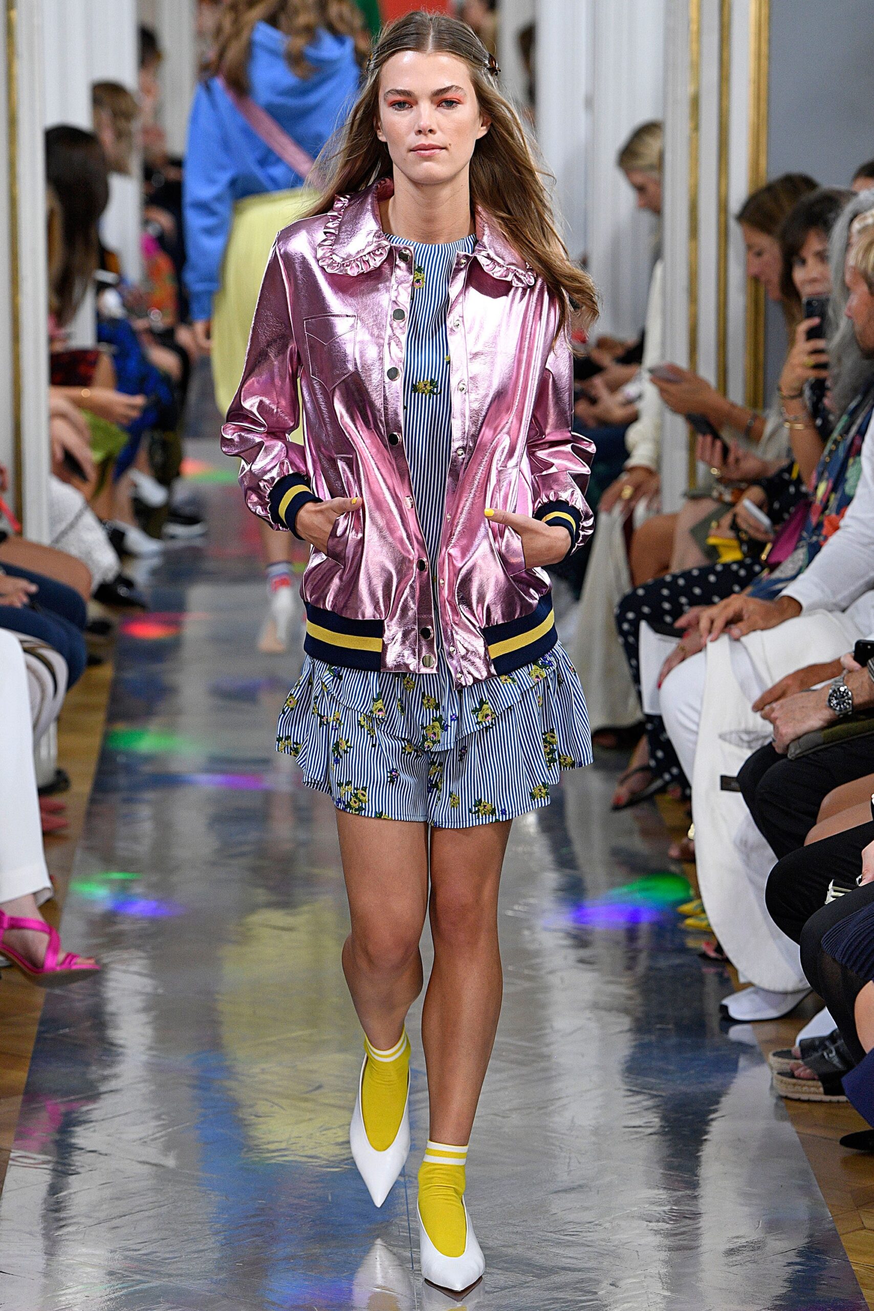 pink silk fitted jacket and blue tiered dress