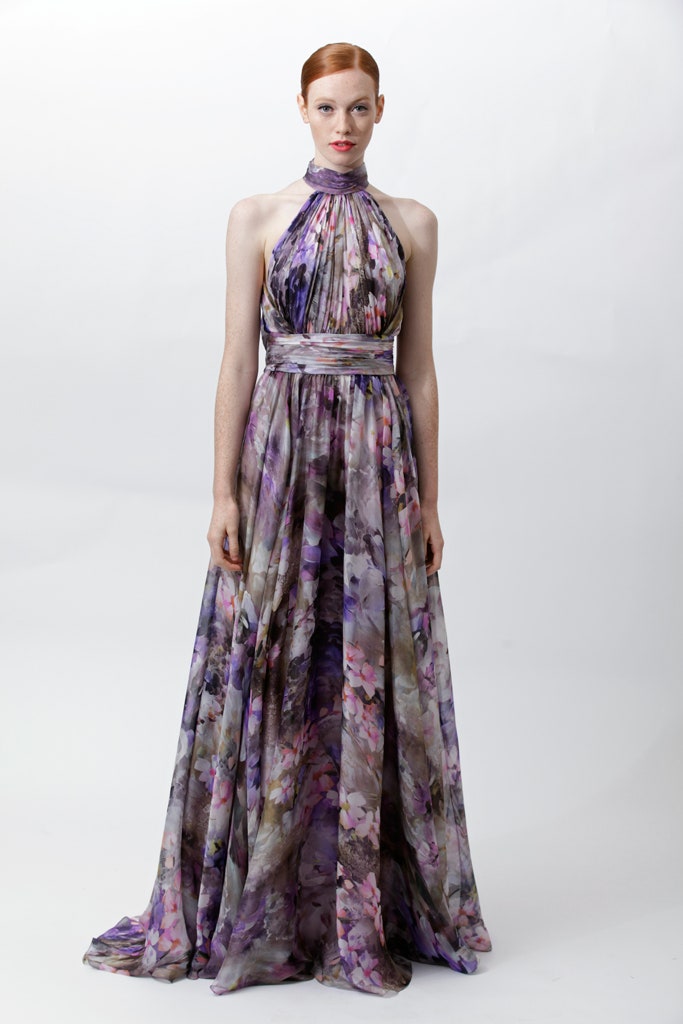 purple pink silk halter gown