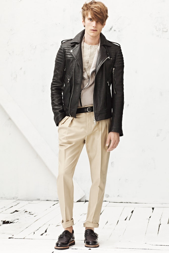 black leather jacket beige shirt pants
