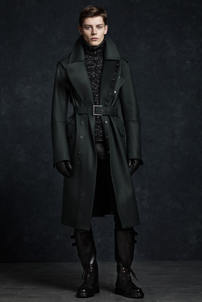green leather belted double-breasted coat