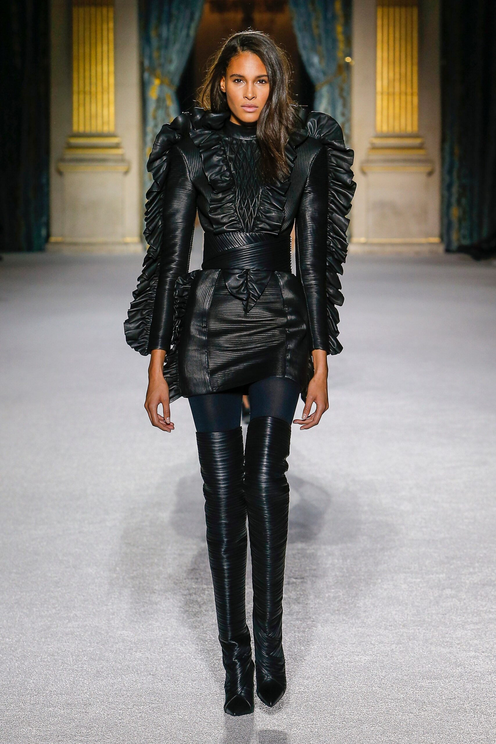 black leather mini dress with ruffles