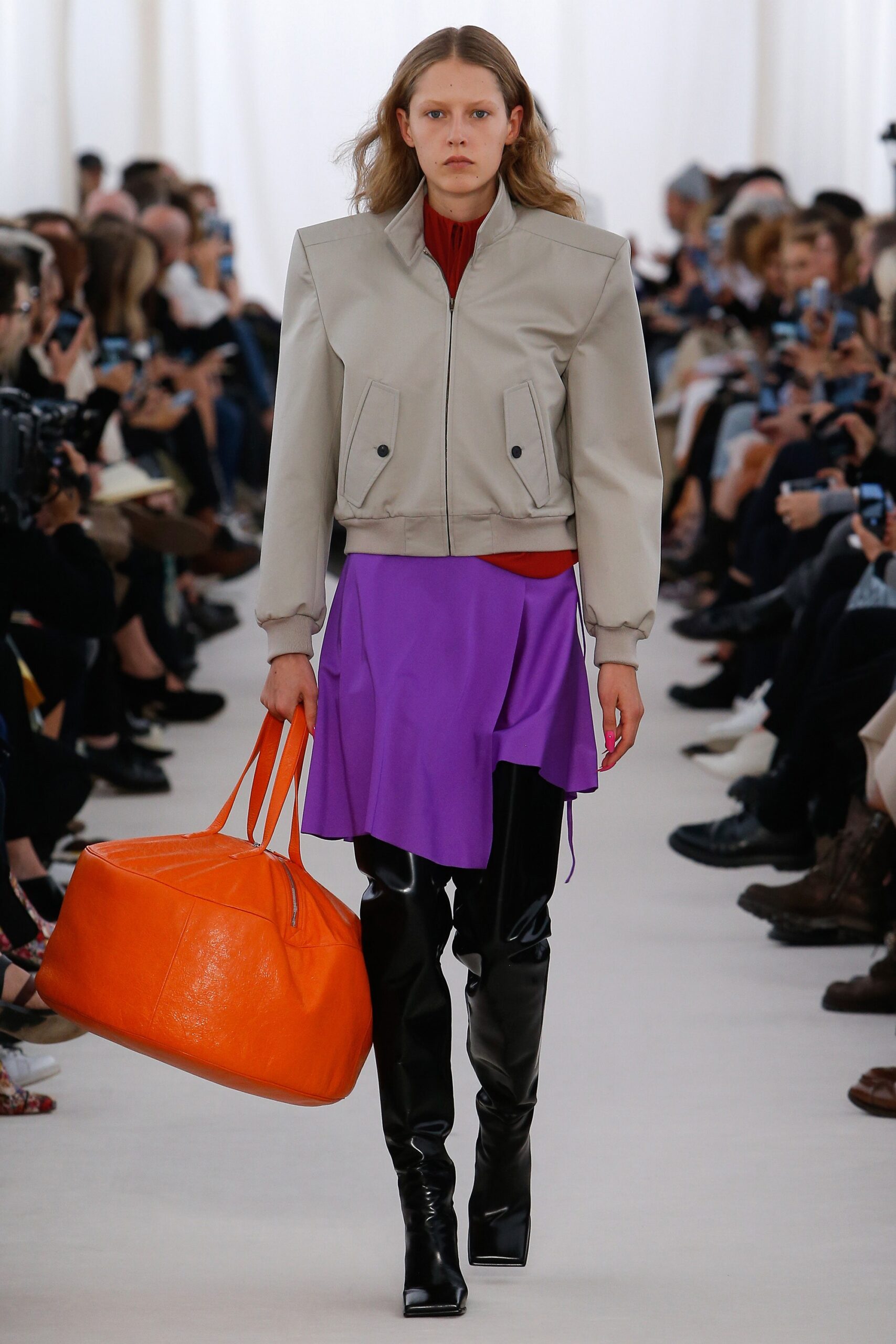 gray fitted jacket with purple skirt