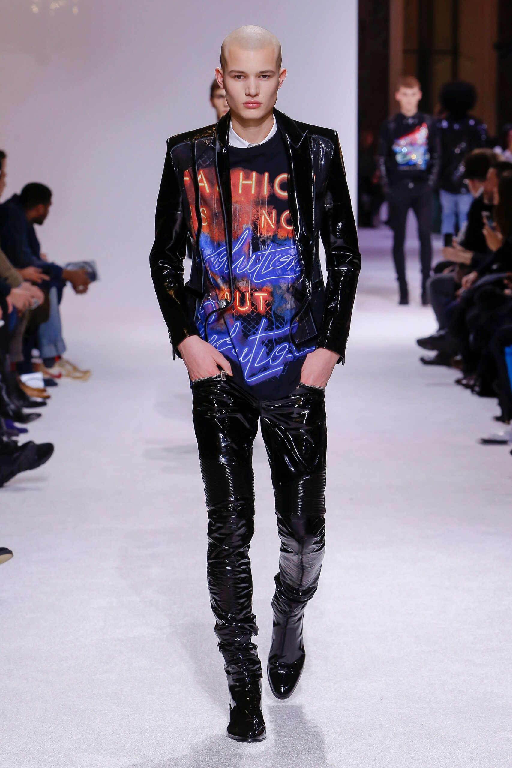 black vinyl fitted jacket and pants