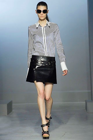 fitted striped shirt and mini vinyl skirt