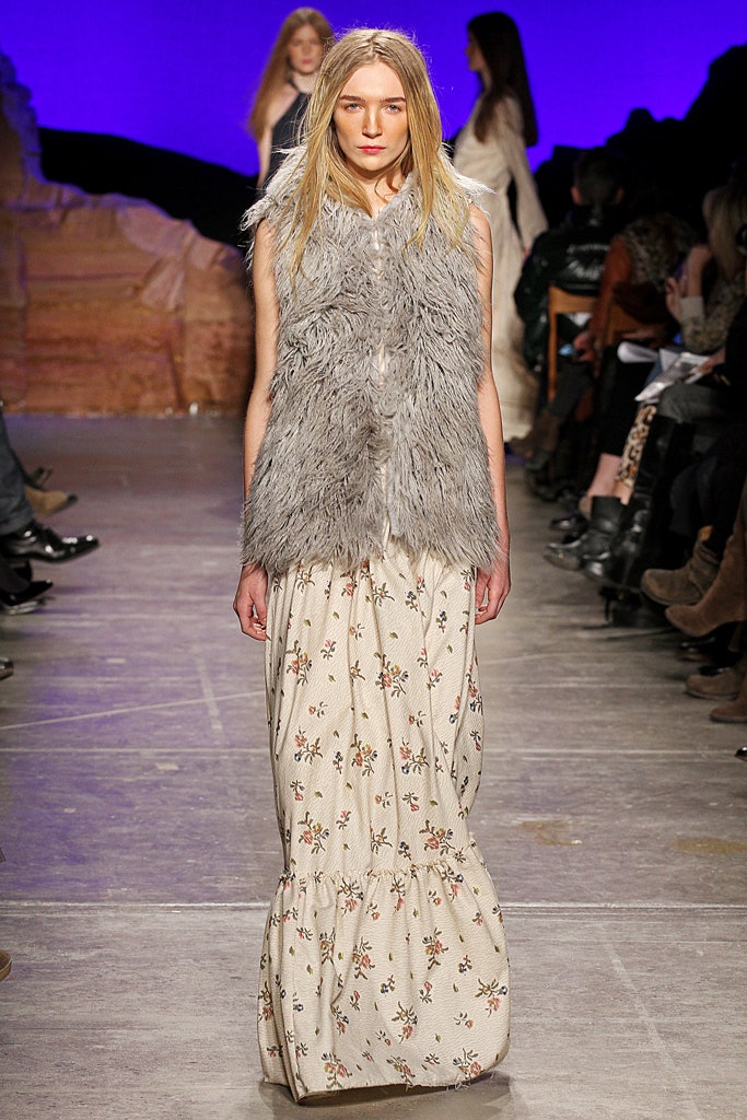 gray faux-fur vest and white maxi-dress