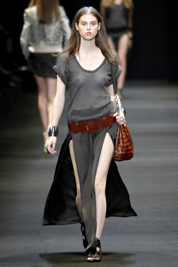 black mesh top gray silk skirt