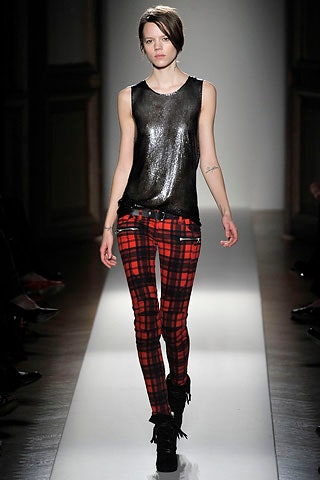black silk sleeveless top with plaid pants