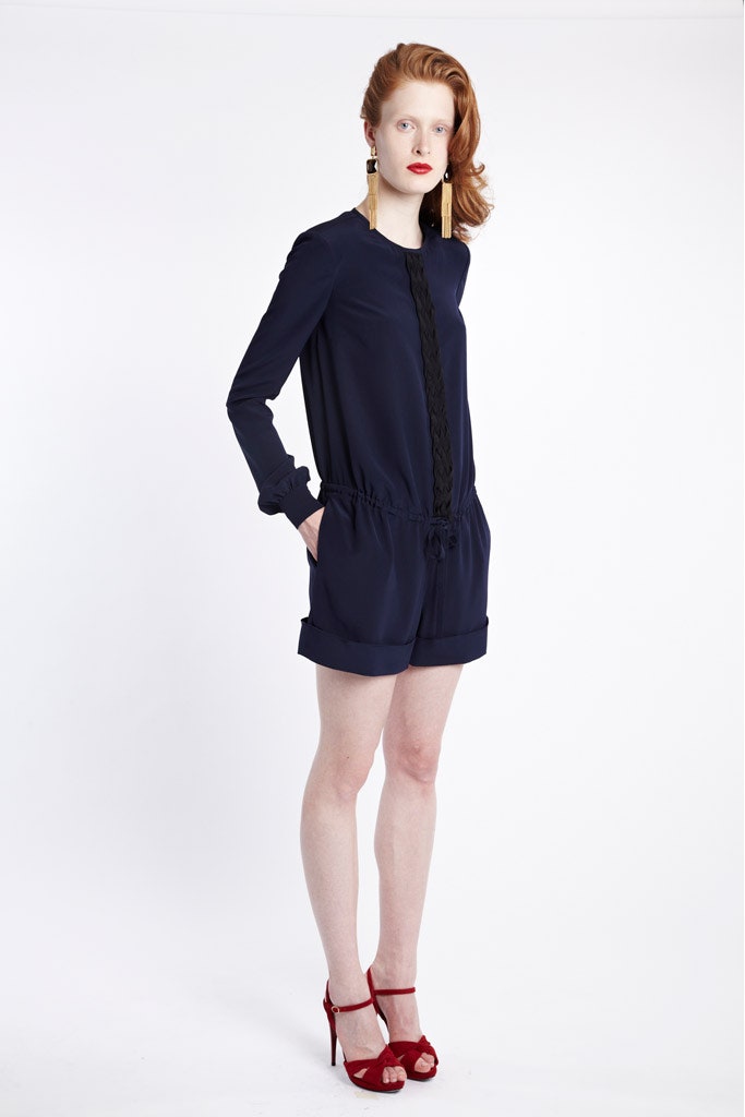 blue silk long-sleeve collared relaxed zippered romper