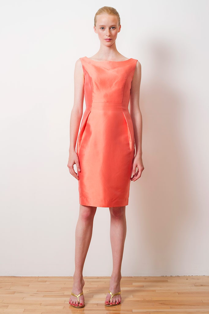 coral silk fitted midi dress