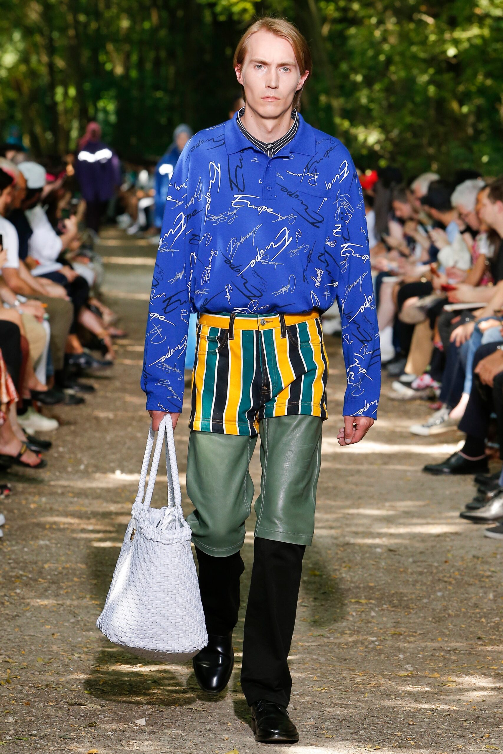 blue printed shirt with striped pants