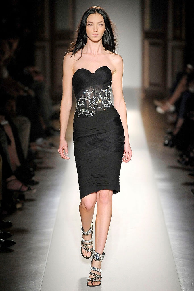 black silk strapless v-neck fitted ruched embellished dress
