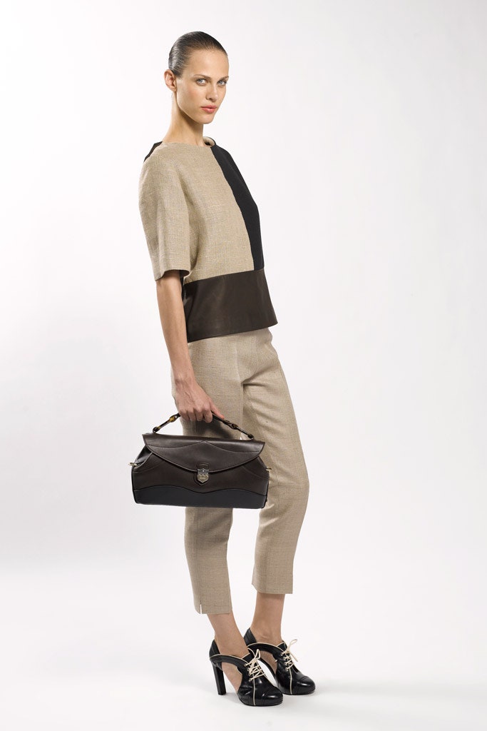 beige color-blocked top with tailored pants