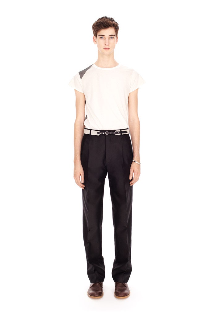 white color-blocked t-shirt with tailored black pants
