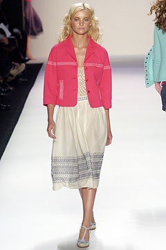 pink fitted jacket and white midi dress