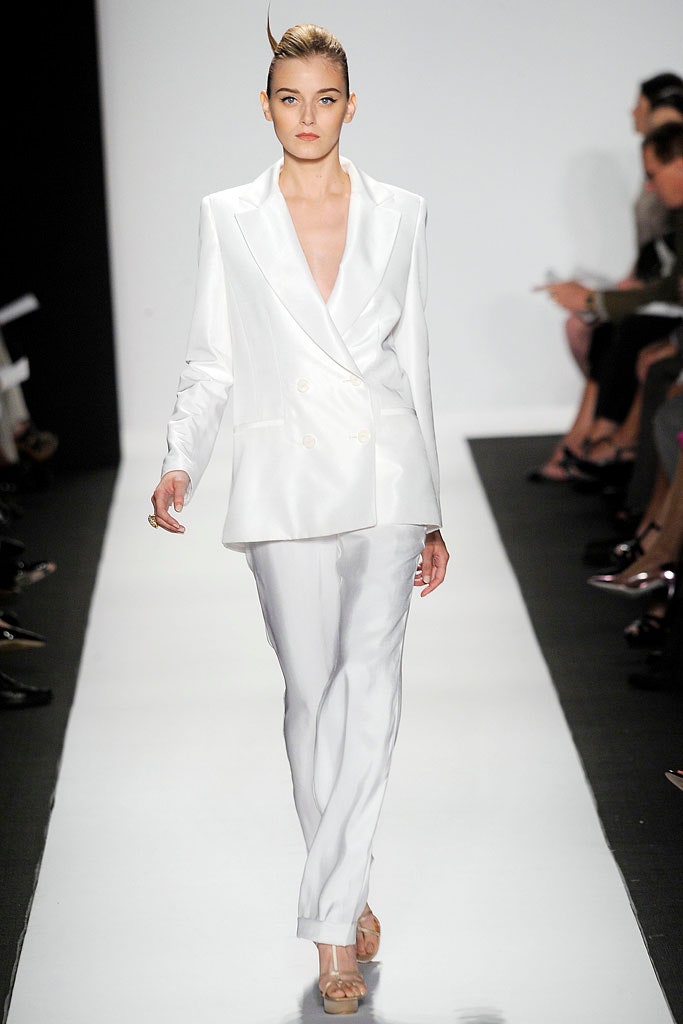 white silk long-sleeve v-neck tailored shiny suit
