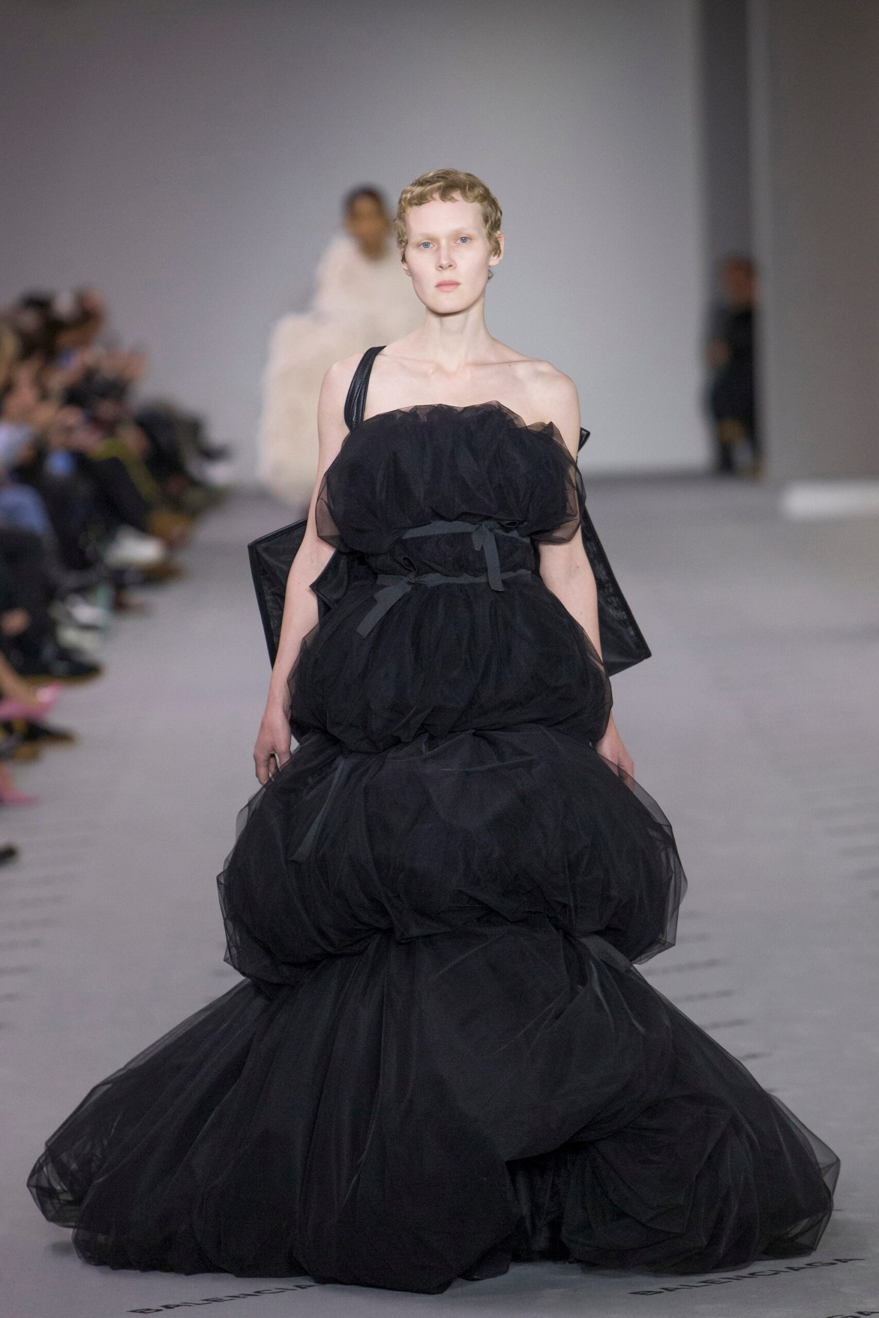 black tulle off-shoulder gown