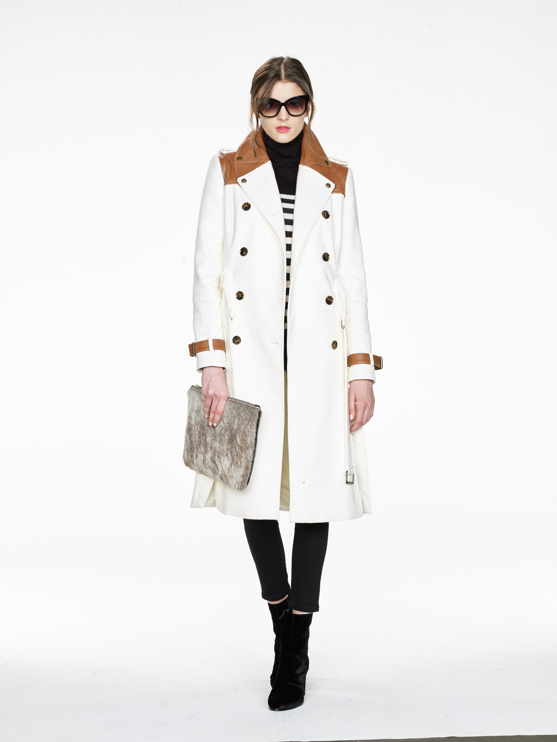 white trench coat with black top
