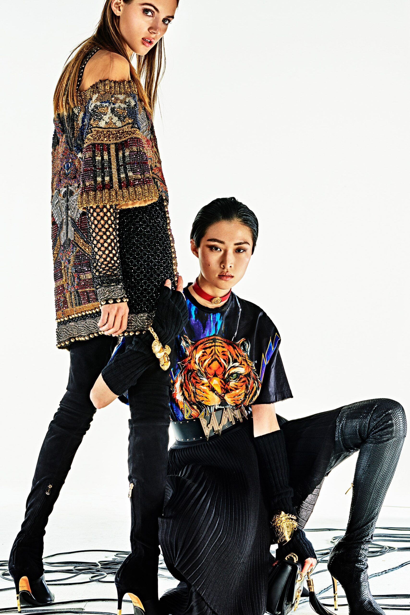 black multi printed top and pleated skirt